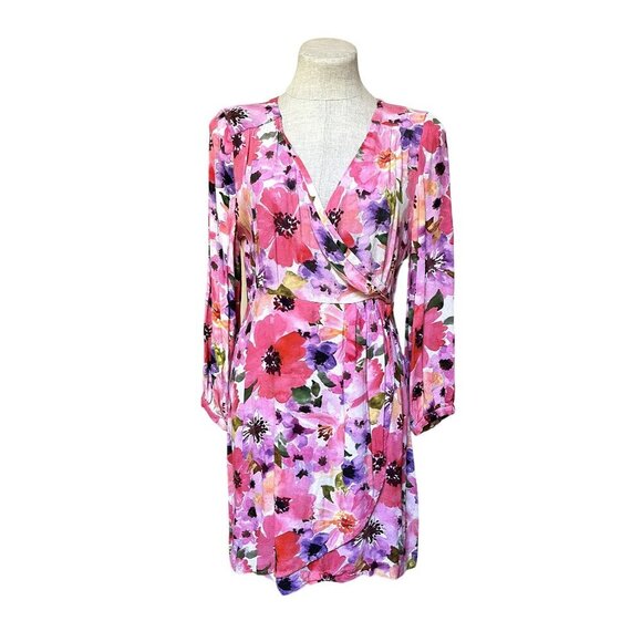 La Petite Etoile Paris Pink Floral Watercolor Faux Wrap Dress Cool Girl Summer - Picture 1 of 11